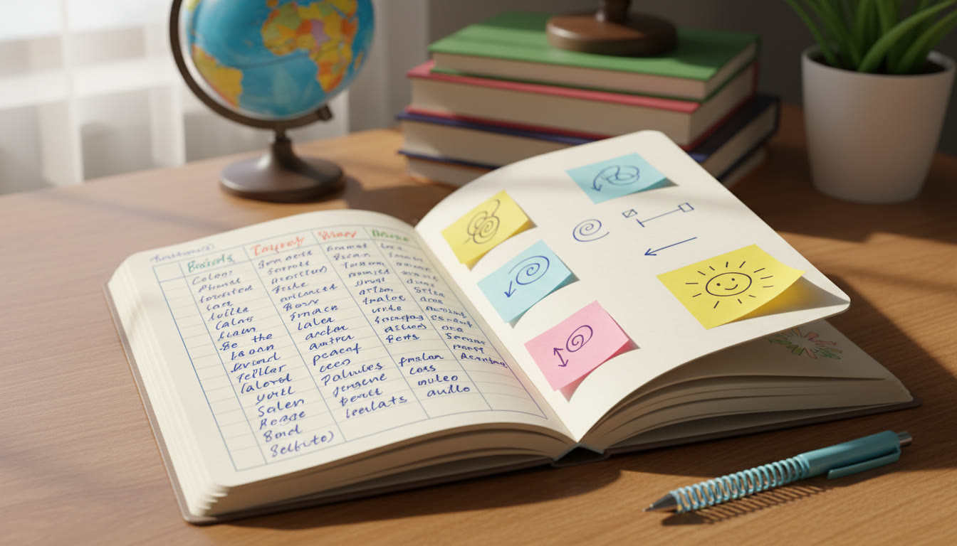 Photo Idea : A small, tidy error‑log notebook open with handwritten categories and coloured sticky notes