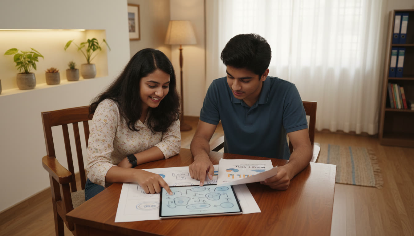 Photo Idea : A tutor and a student at a table pointing at a diagram while reviewing mock test results
