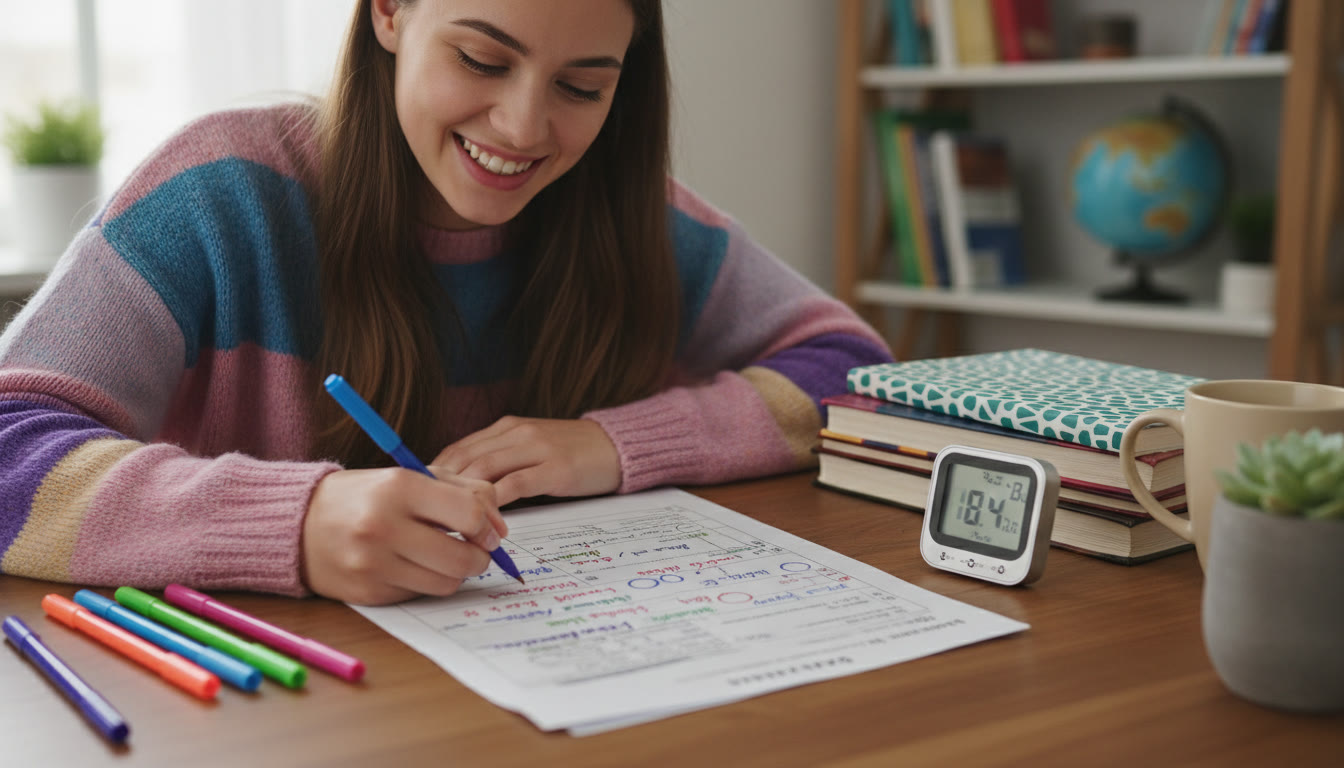 Photo Idea : A student annotating a past paper with colored pens and a timer nearby