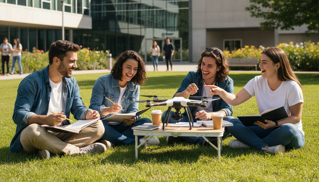 Photo Idea : Diverse IB students sketching a drone model outside a modern university building