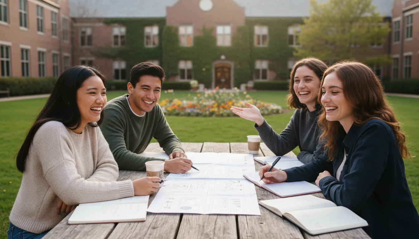 Photo Idea : a small group meeting outdoors around a table reviewing charts and handwritten notes