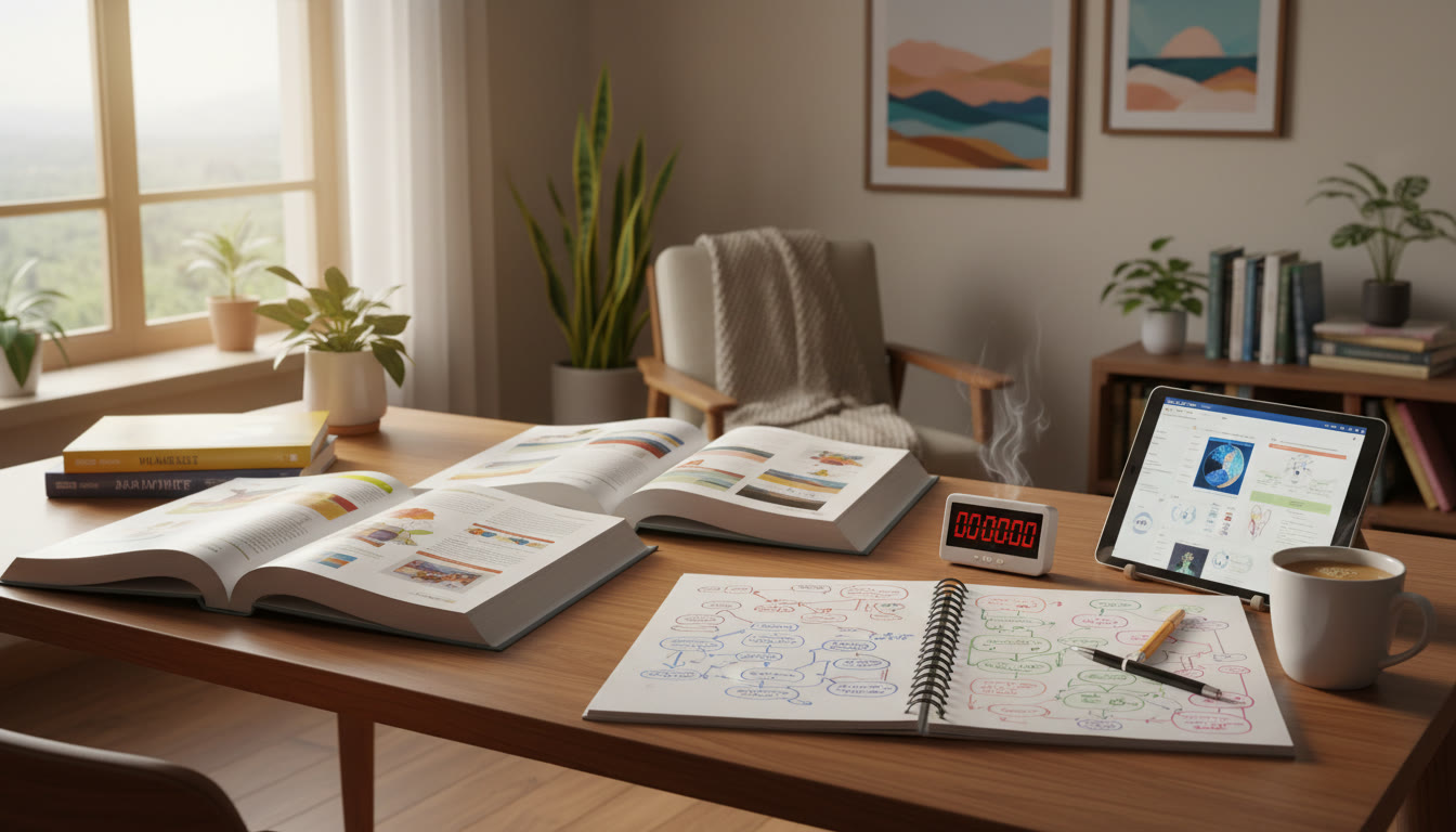 Photo Idea : Student with open textbooks, a notebook full of concept maps, and a timer on the desk