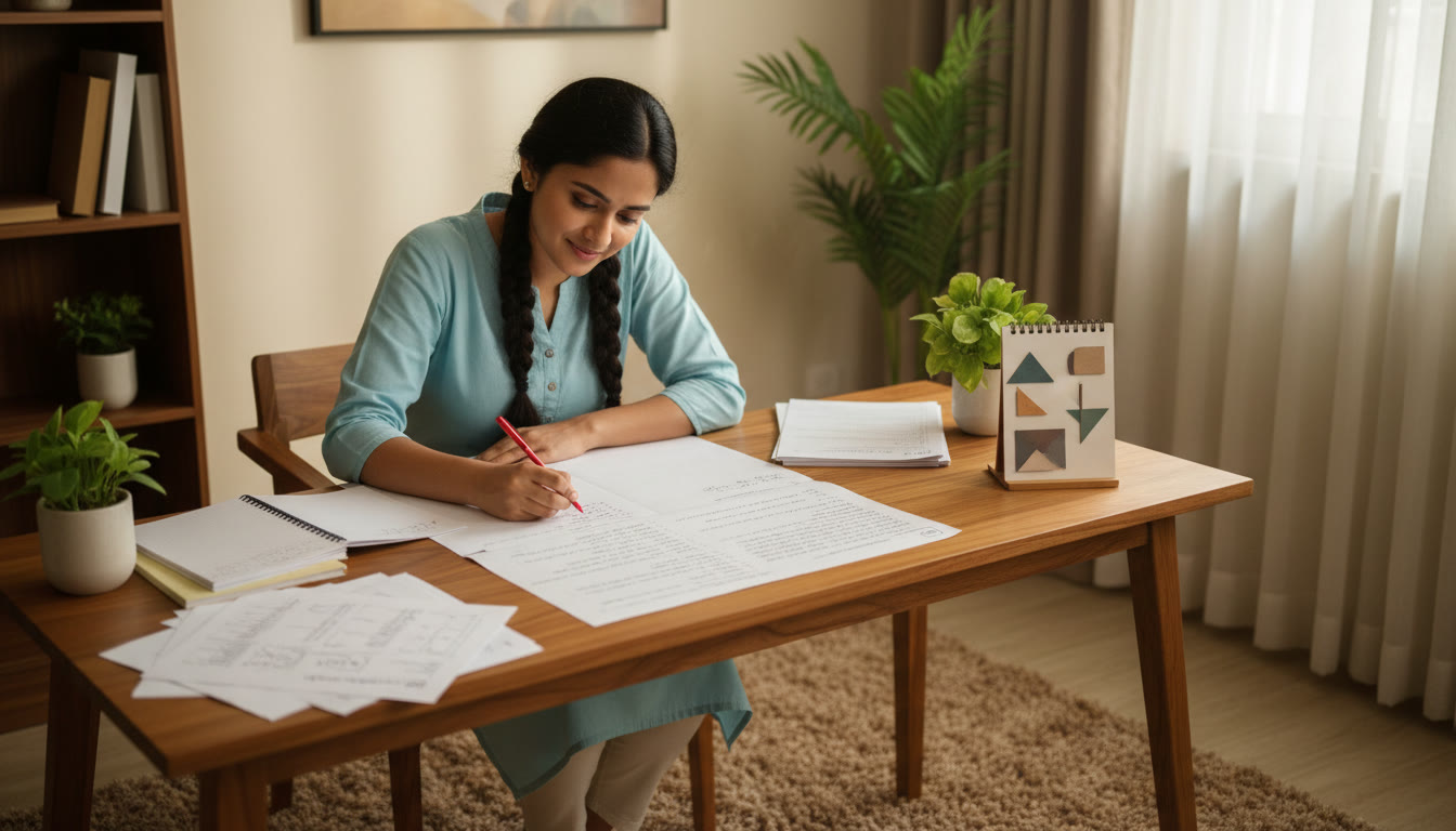 Photo Idea : Student analyzing a full-length test paper with a red pen and notes beside a calendar