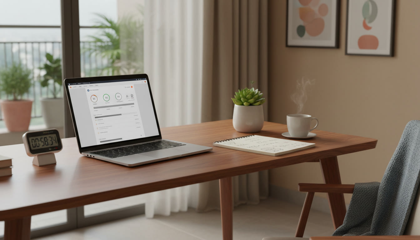 Photo Idea : A mock-test setup with a stopwatch, answer sheet interface on a laptop, and a neat error-log notebook