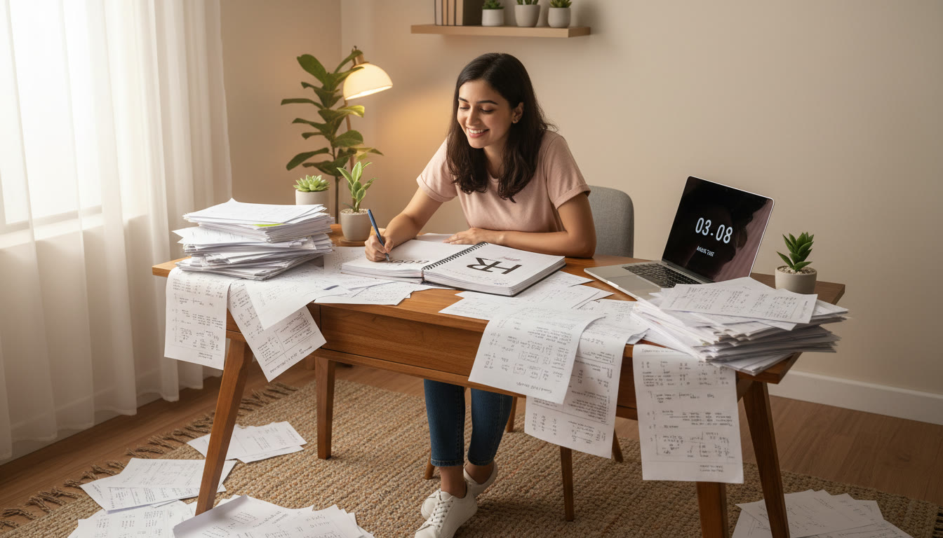 Photo Idea : Student at a study desk surrounded by printed PYQ sheets, a notebook titled "Error Log", and a laptop displaying a mock test timer