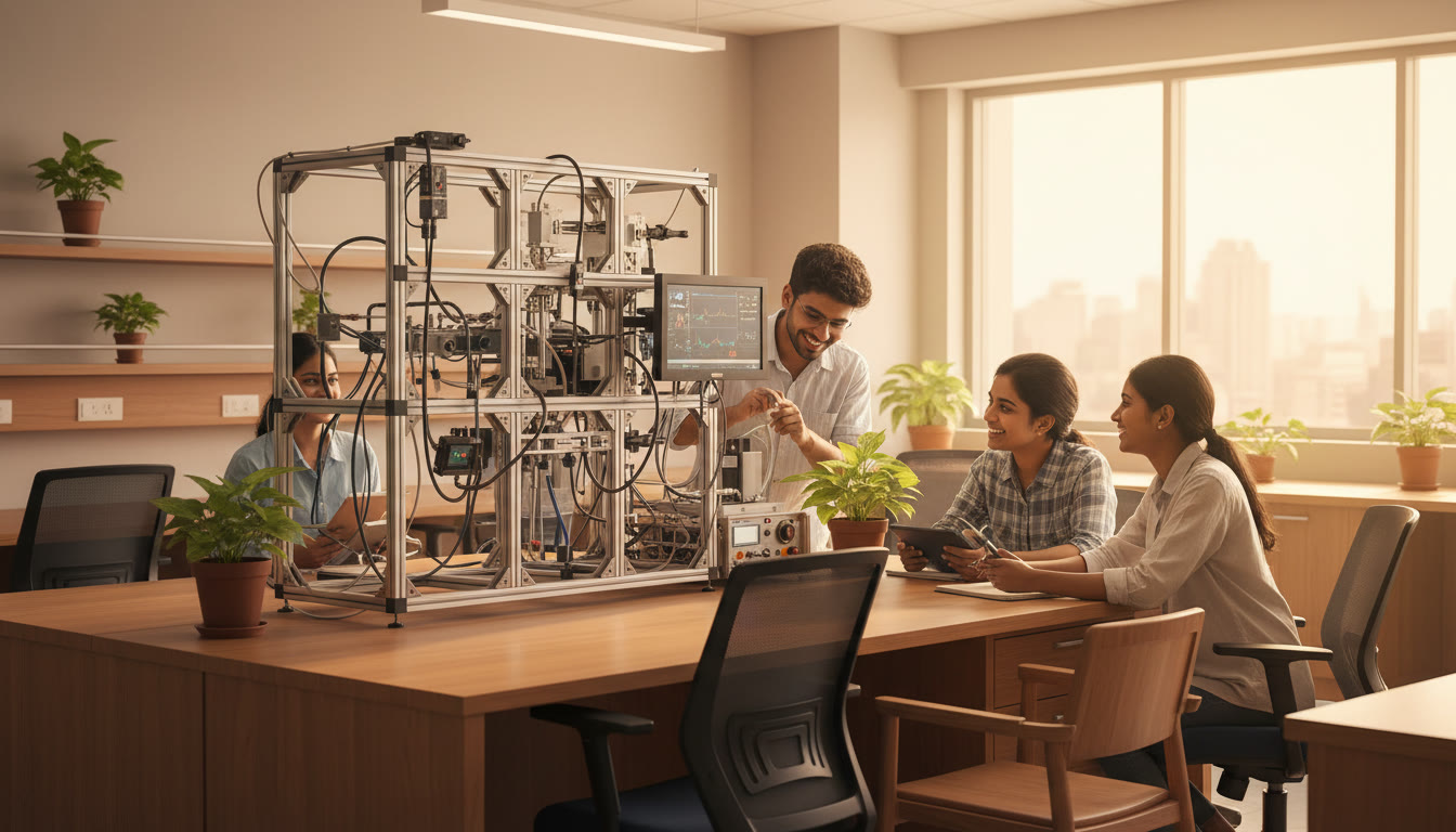 Photo Idea : a student team working around a large experimental setup in an engineering lab