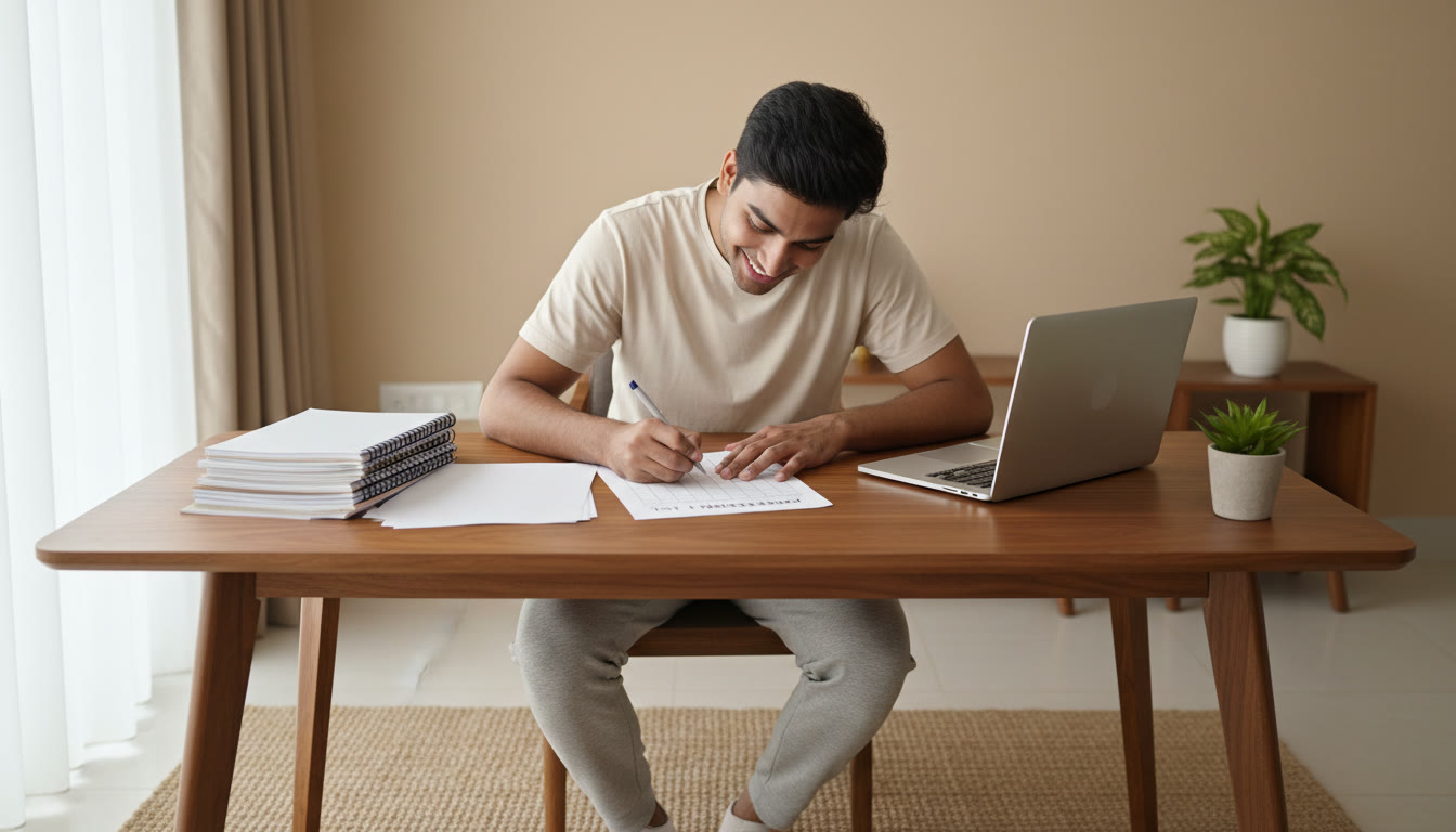 Photo Idea : A focused NEET aspirant at a desk, filling a printed preference list with notebooks and a laptop nearby