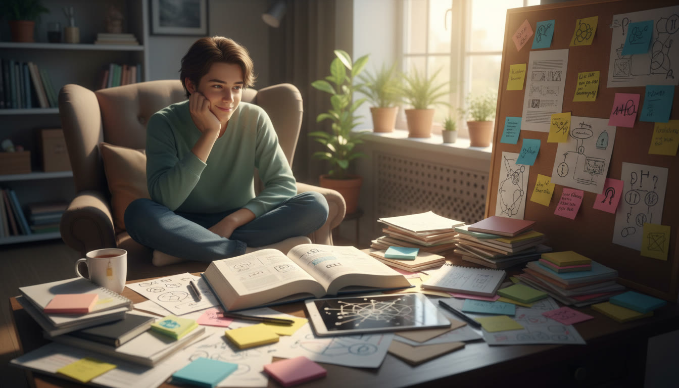 Photo Idea : A thoughtful student surrounded by TOK notes and colored sticky notes