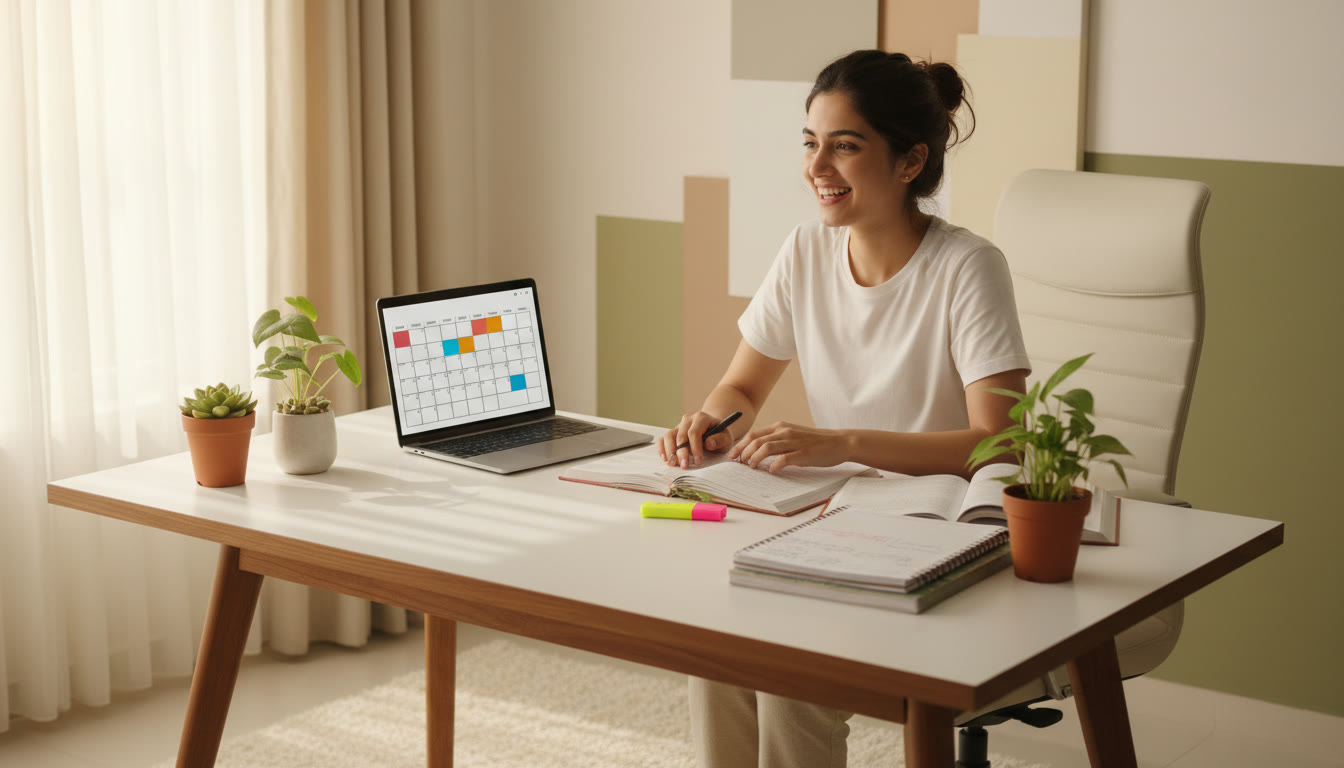 Photo Idea : A focused student at a tidy desk with textbooks, a study planner, and a laptop open to a digital timetable