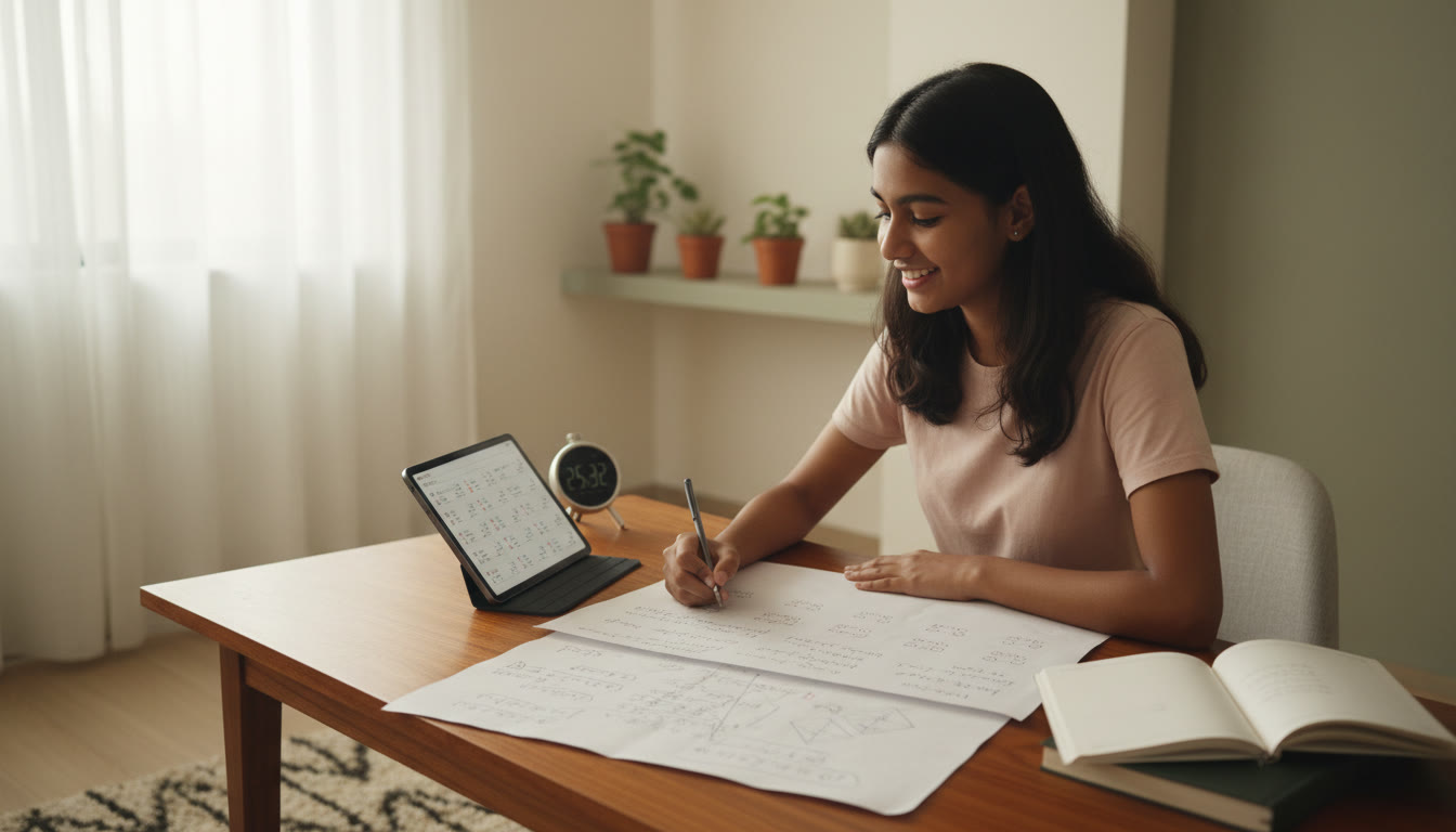 Photo Idea : Student solving a timed mock test at a desk with a visible stopwatch and rough sheet