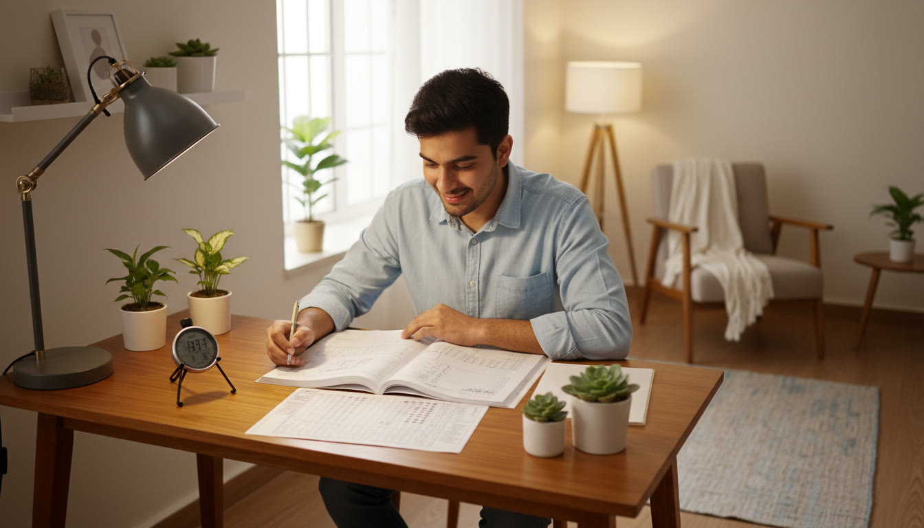 Photo Idea : Focused student solving a full-length mock test at a desk with a stopwatch and OMR sheet visible