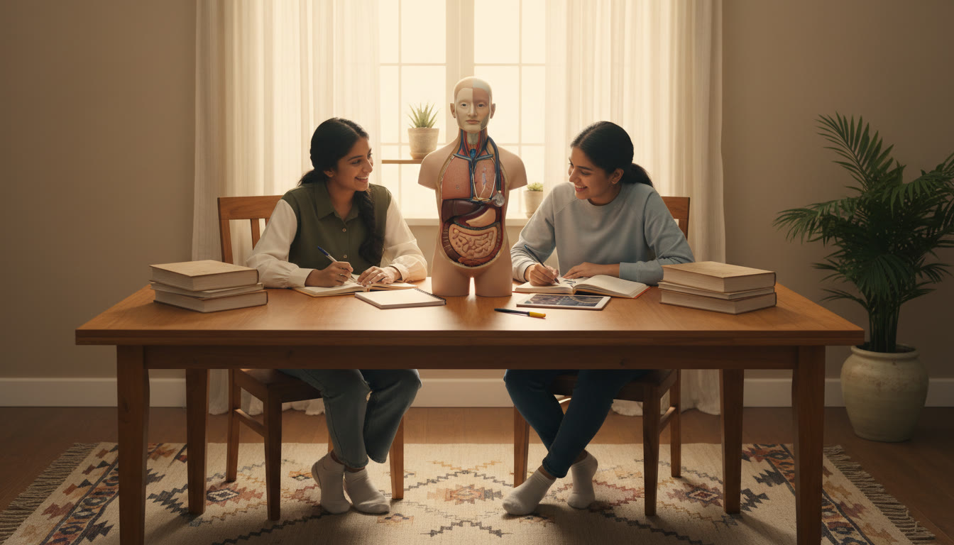 Photo Idea : Two students studying together around an anatomy model with a stethoscope and textbooks on the table
