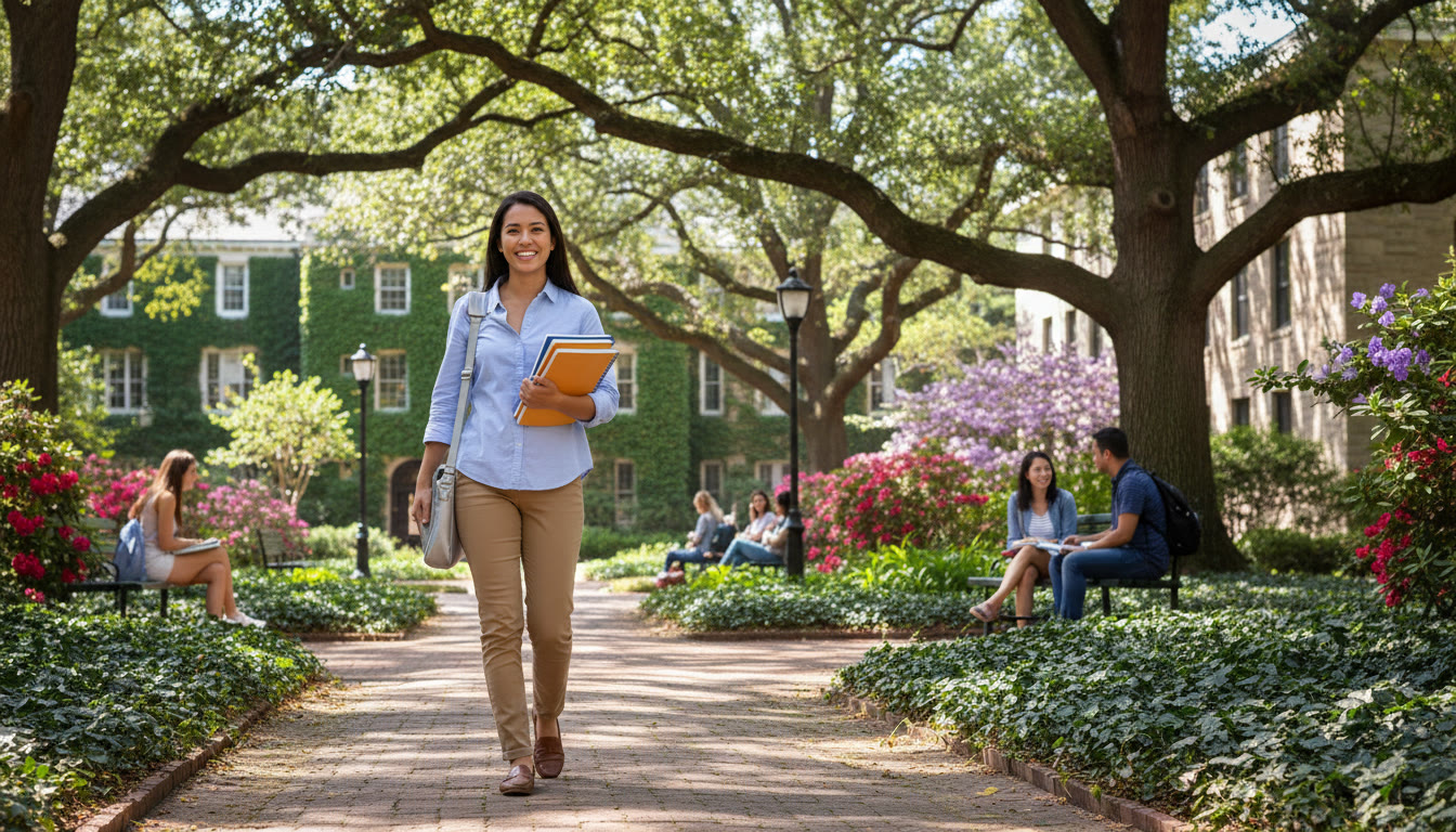 Photo Idea : A student with textbooks and laptop walking through a leafy university quad