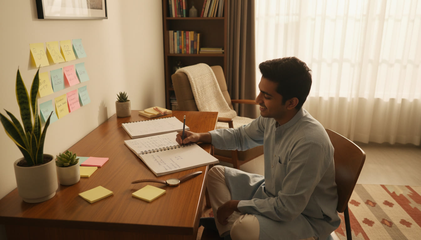Photo Idea : A focused student at a tidy desk with open notebooks, a watch, and colored sticky notes showing a study plan