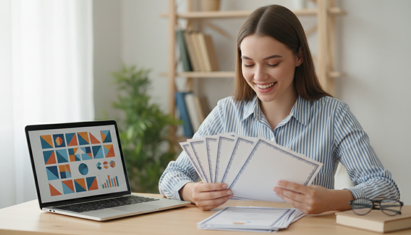 Photo Idea : A student arranging printed certificates and a laptop with a portfolio open on screen