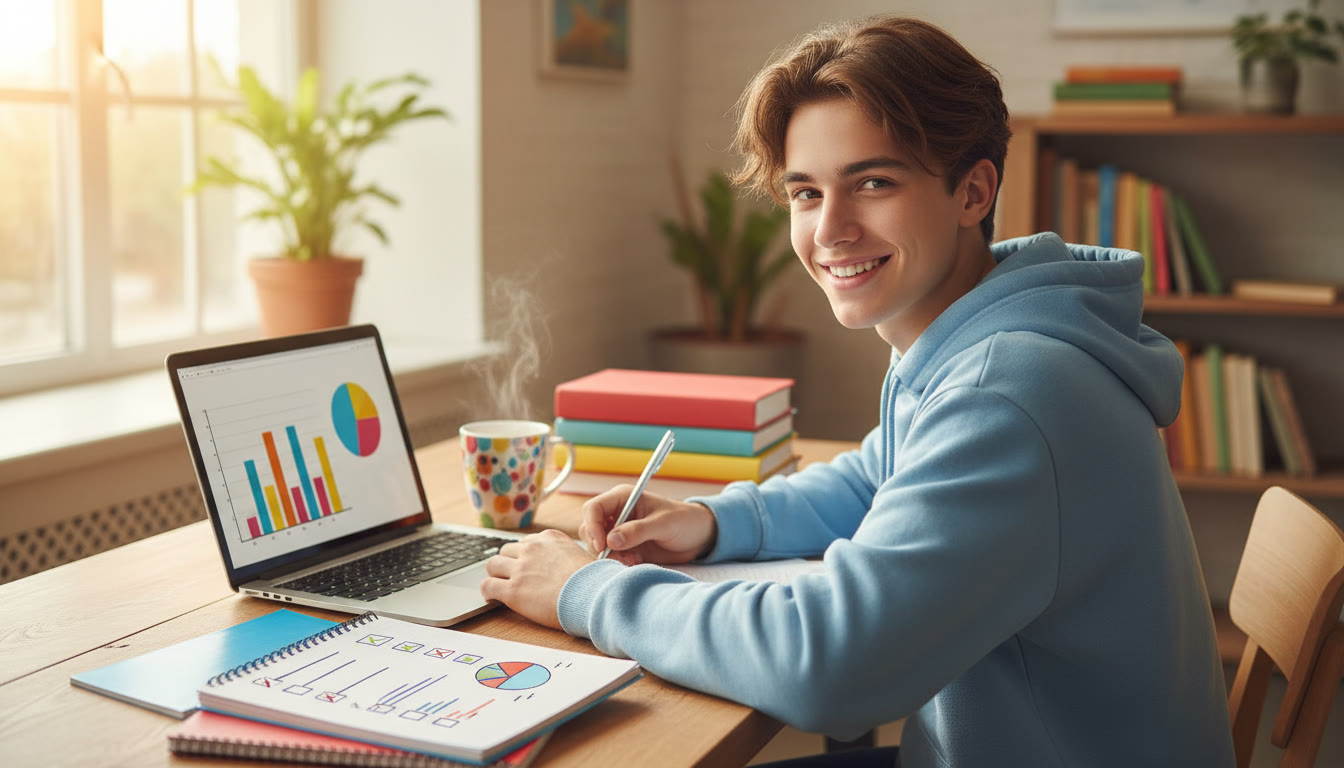 Photo Idea : A student at a desk reviewing application checklists with a laptop and notebooks