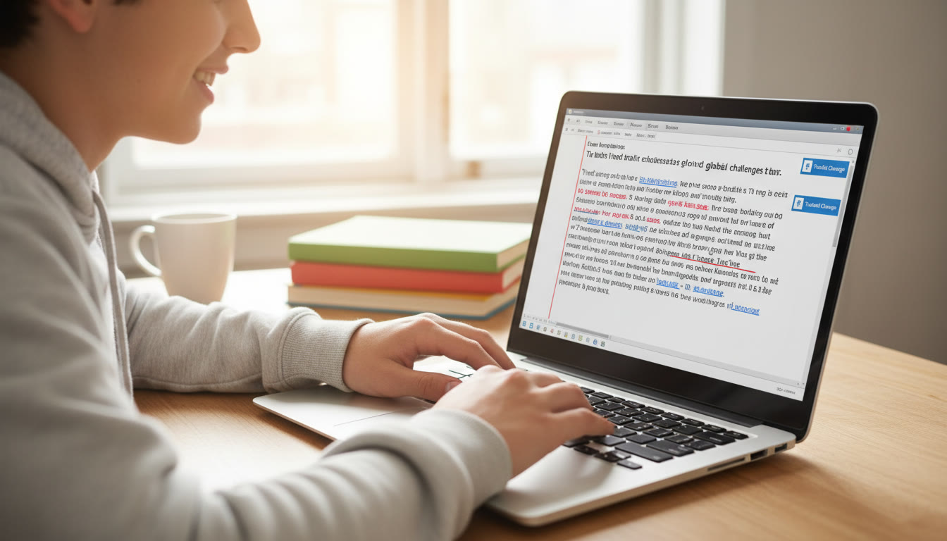 Photo Idea : Close-up of a student rewriting a paragraph on a laptop with tracked changes visible
