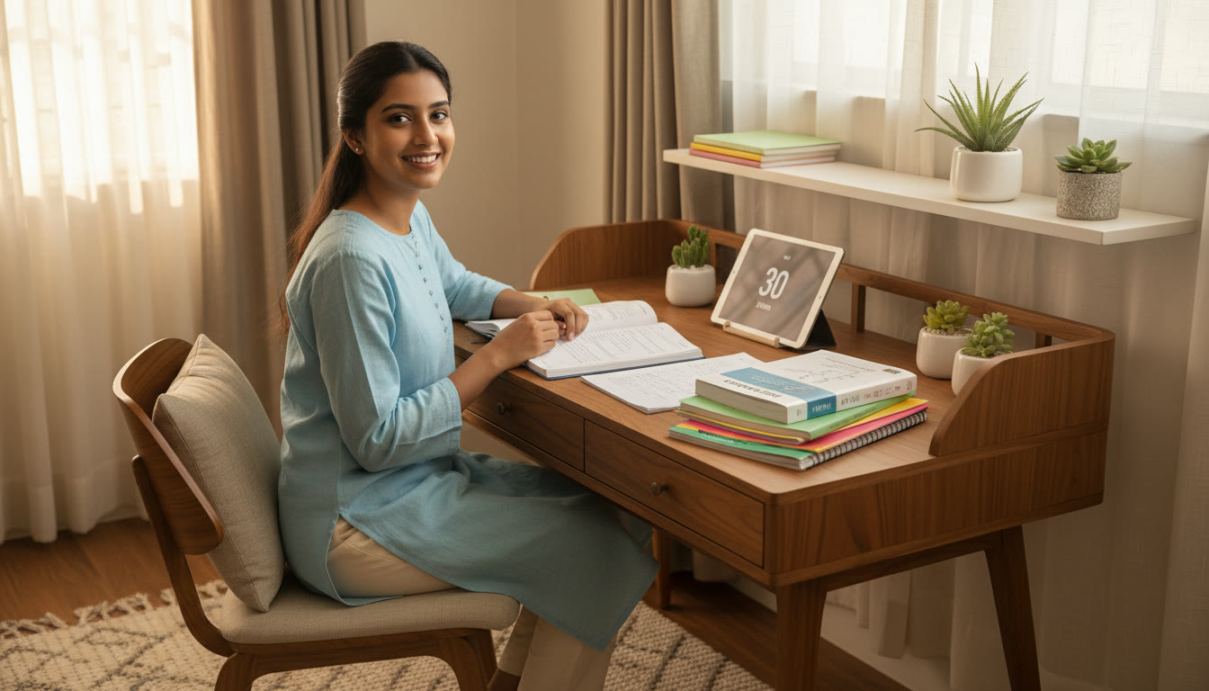 Photo Idea : Student at a tidy desk with color-coded notes, an open NCERT book, and a timer on a phone.
