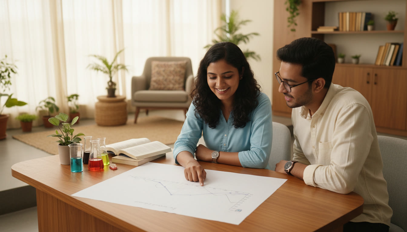 Photo Idea : Student pointing at a plotted graph on paper while explaining to a lab partner