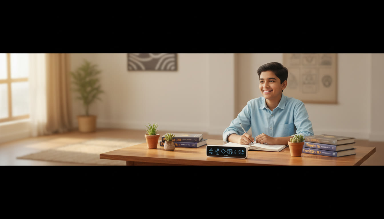 Photo Idea : A focused student at a tidy study desk with textbooks, a notebook with solved problems, and a clock showing study time