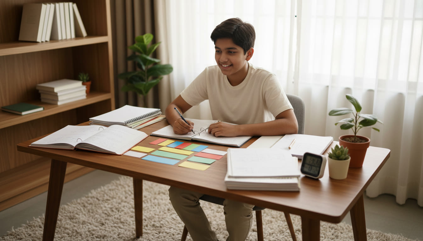 Photo Idea : a focused student at a study desk with NEET notes, a timer, and color-coded revision cards