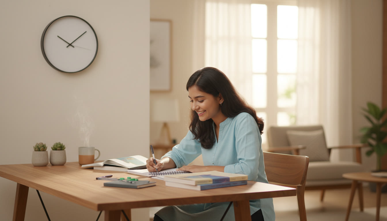 Photo Idea : A student at a tidy desk, writing in a notebook with textbooks and a clock showing study time