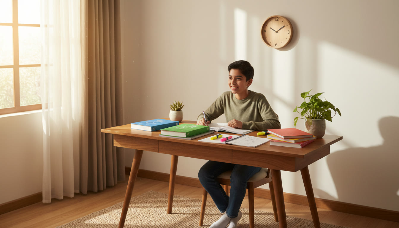 Photo Idea : A focused student at a tidy desk with open Physics, Chemistry and Biology books, color-coded notes, highlighters, and a wall clock showing morning time