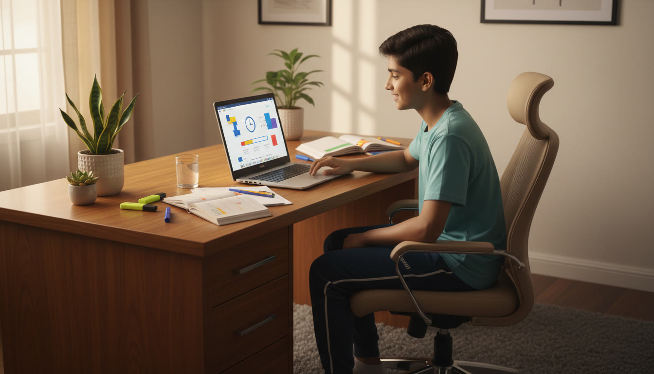 Photo Idea : A student solving a full-length mock test on a laptop, timer visible on screen, notes and highlighters around