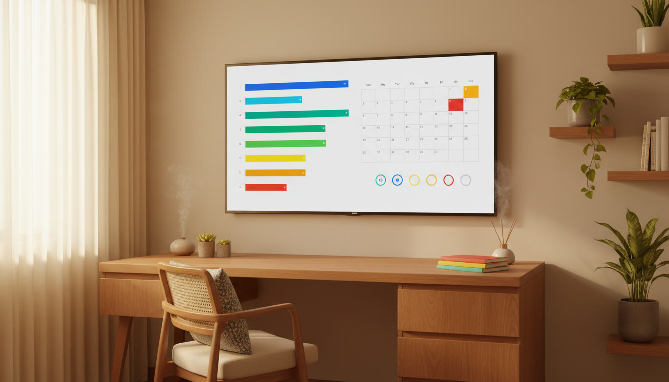 Photo Idea : A colorful study dashboard showing topic-wise accuracy bars and a calendar with a mock-test schedule