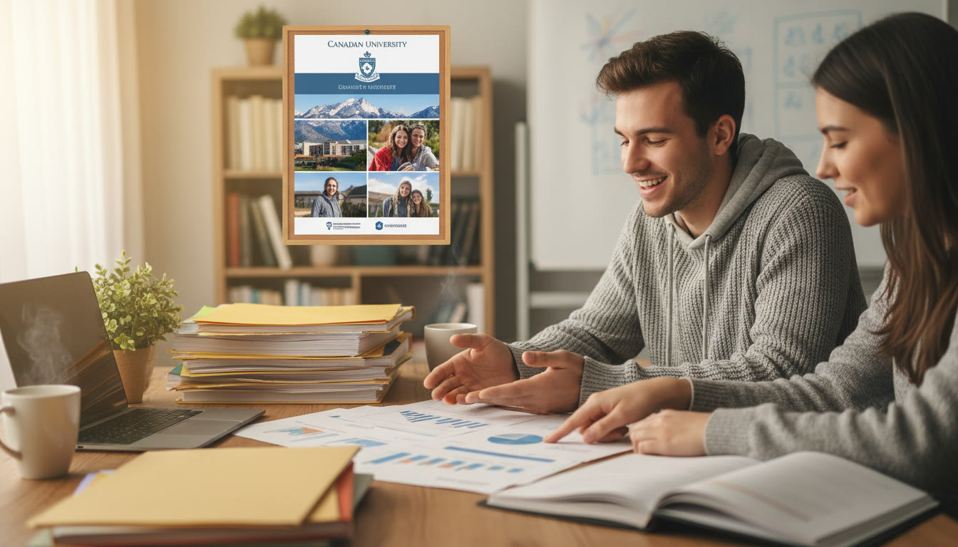 Photo Idea : IB student discussing application documents at a cozy study desk with a Canadian campus prospectus in the background