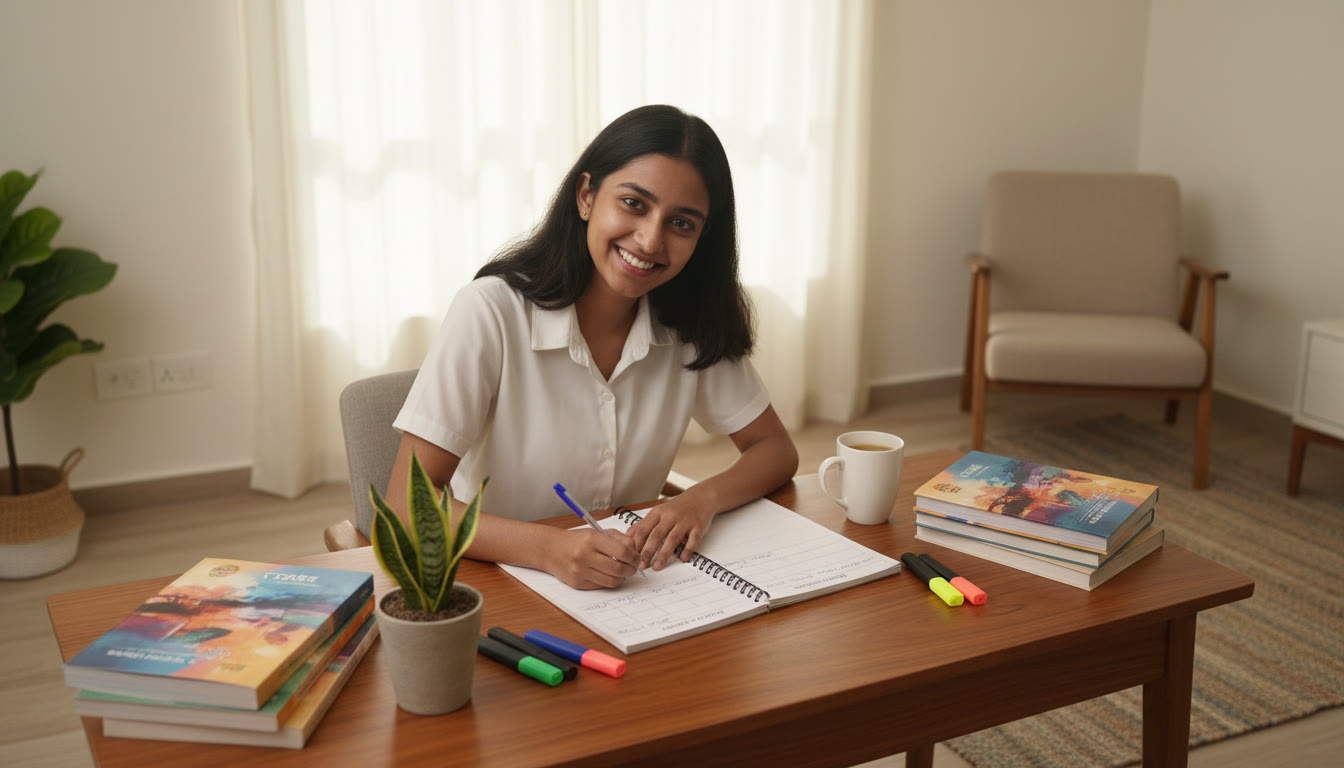 Photo Idea : Student with planner and textbooks on a desk, writing a revision schedule