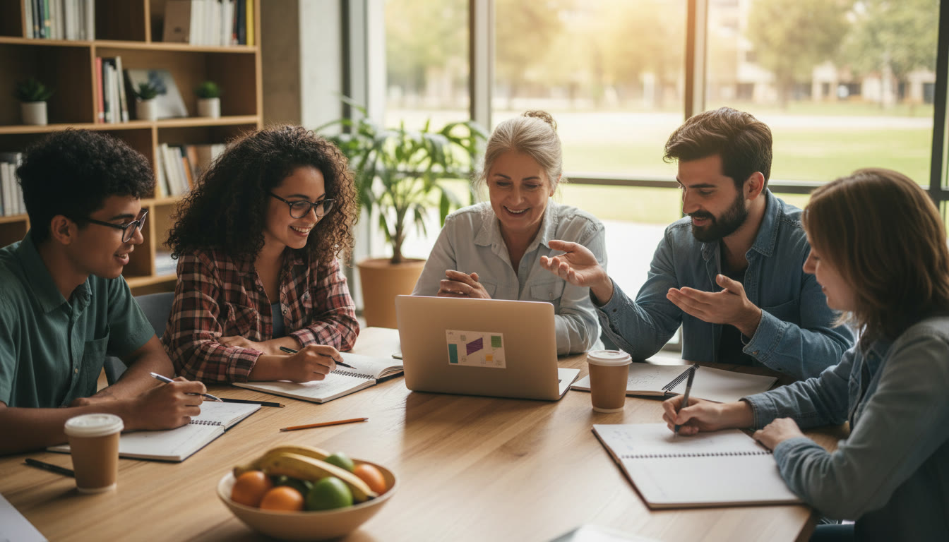 Photo Idea : Students and community members working together at a table with notebooks and a laptop