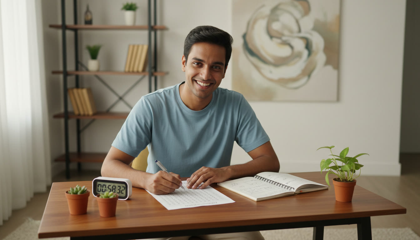 Photo Idea : a student marking answers on an OMR sheet with a timer and open notebook nearby