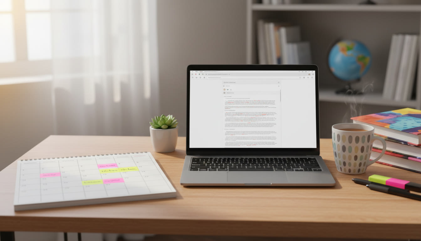 Photo Idea : A tidy desk with a calendar, highlighted deadlines, and a laptop showing an email draft