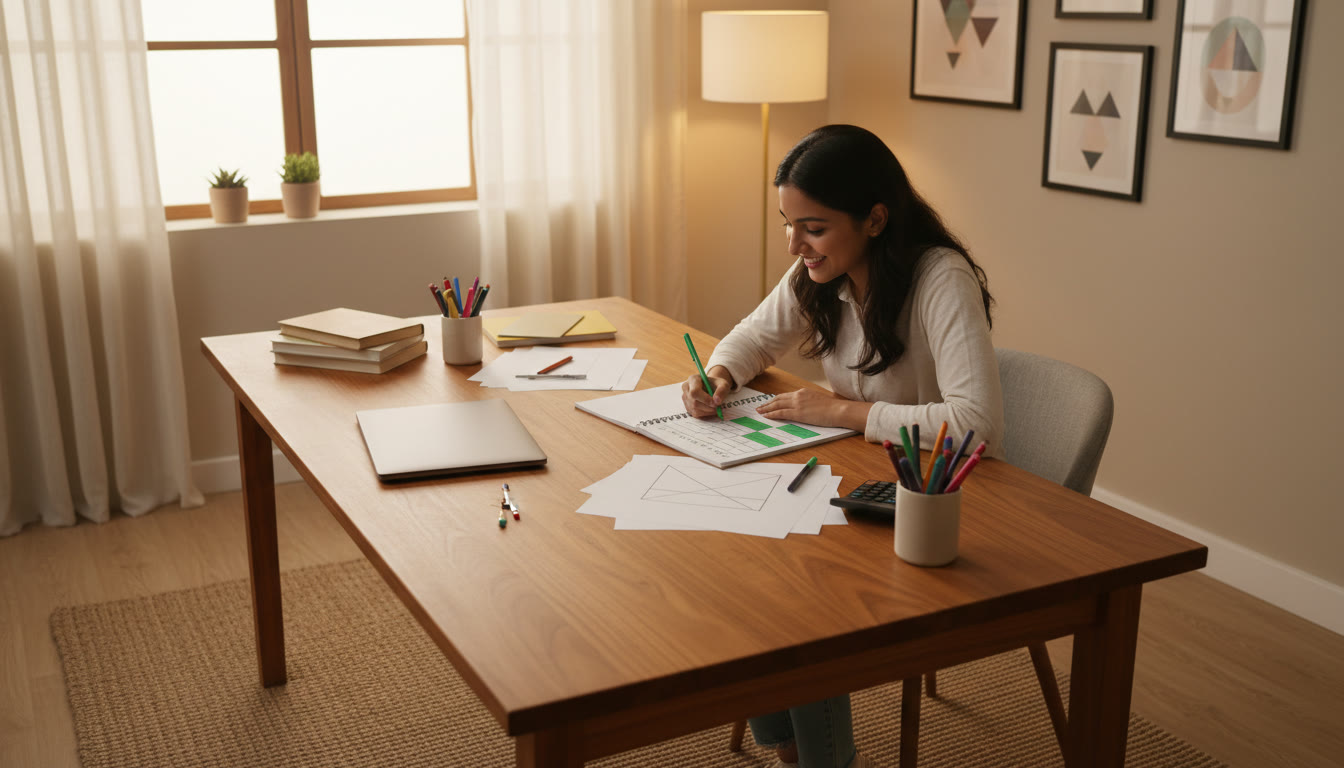 Photo Idea : Student drawing a color-coded weekly timetable on a notebook with stationery around