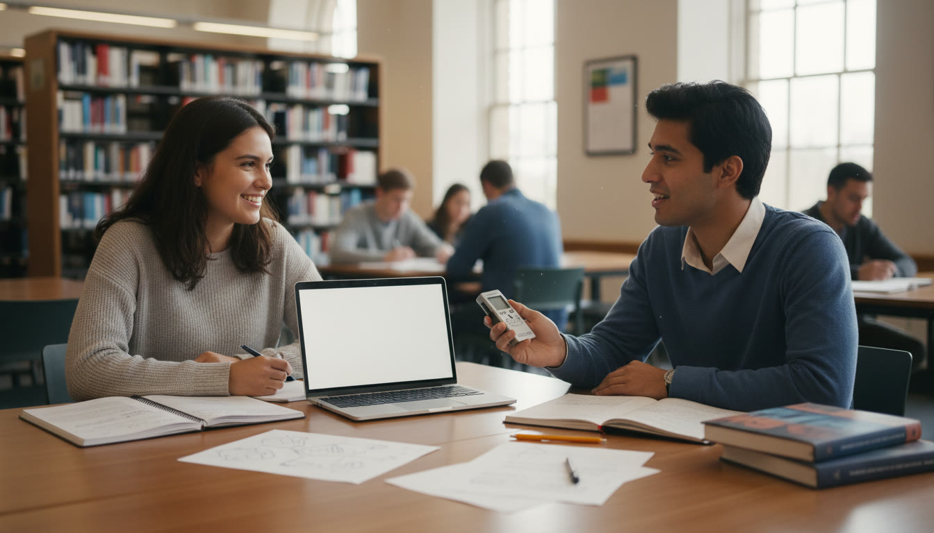 Photo Idea : Student practicing an interview with a peer while notes and a laptop are nearby