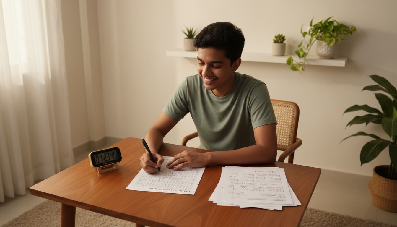Photo Idea : A focused student taking a timed mock test with OMR sheet and stopwatch on desk