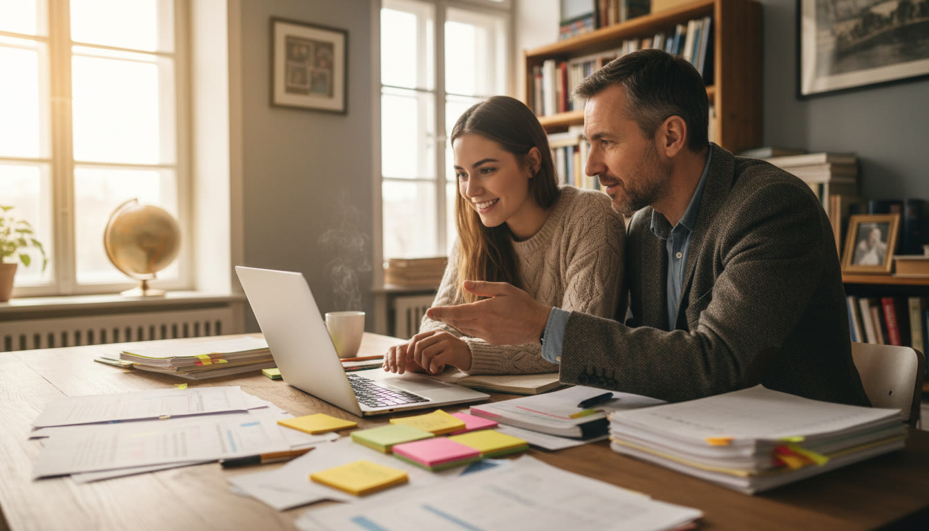 Photo Idea : Student and supervisor leaning over a laptop with printed notes and highlighted index cards, in a warm study room