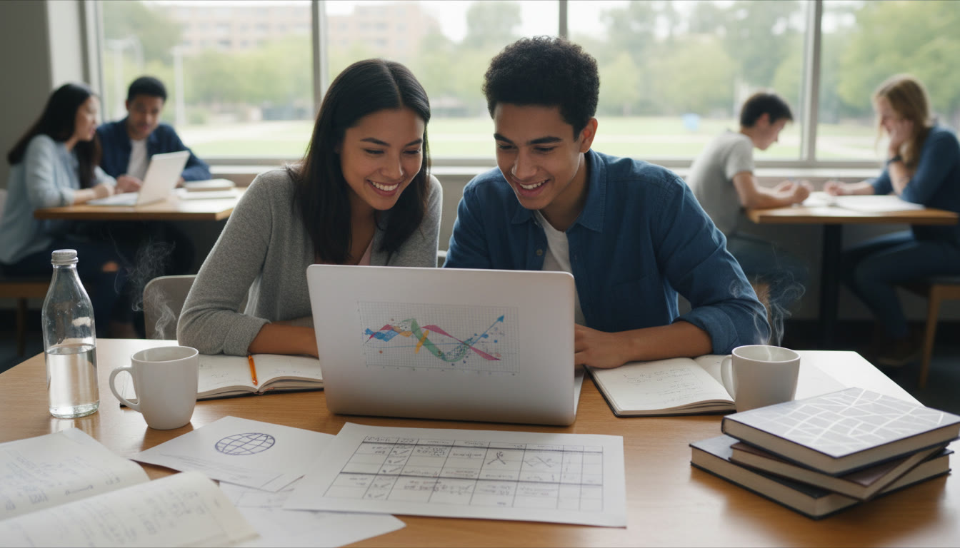 Photo Idea : A tutor and student working over a laptop, with notes and a subject checklist on the table