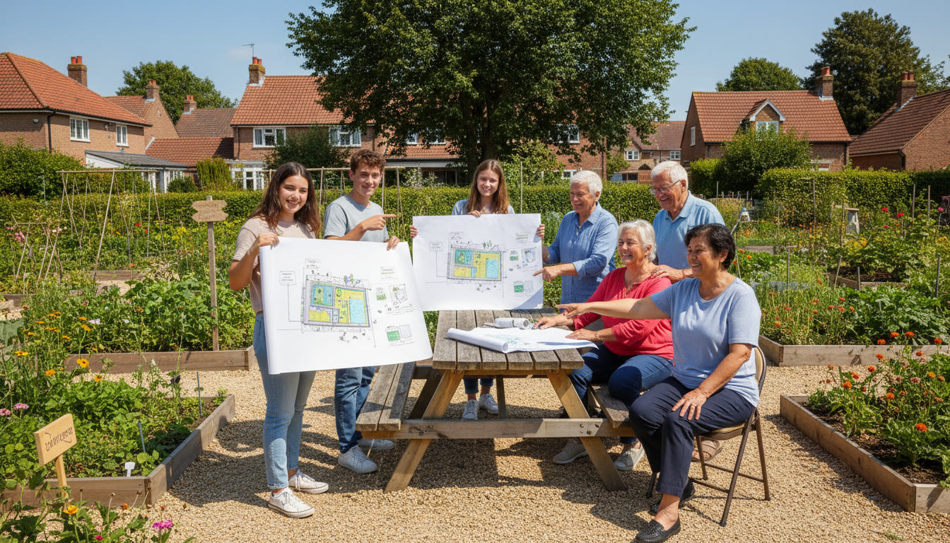 Photo Idea : a small student team presenting a community garden plan to local residents around a table