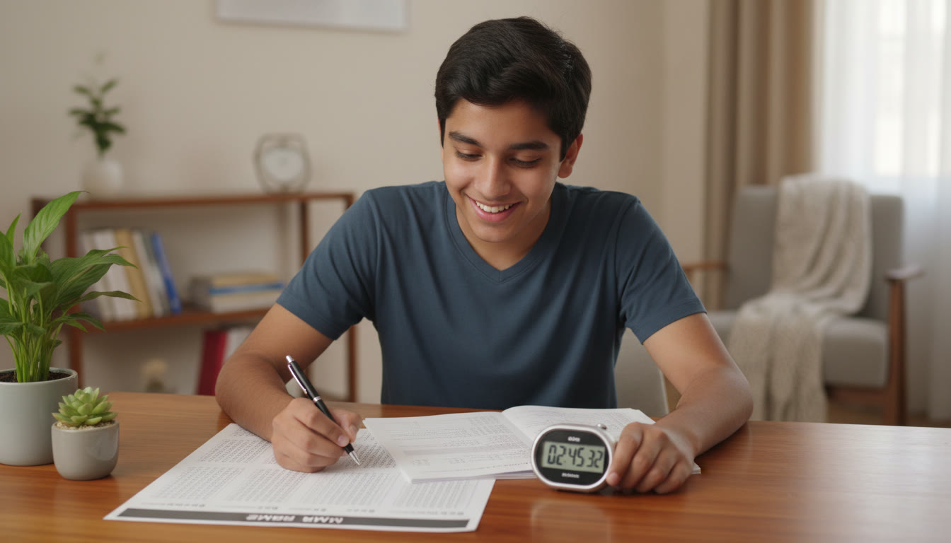 Photo Idea : Student timing a 3-hour full-length mock with an OMR sheet and stopwatch on a desk