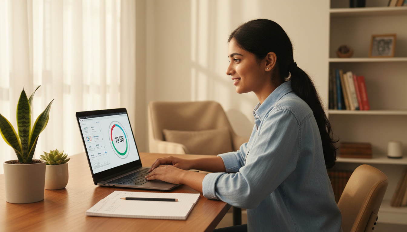 Photo Idea : A student taking a timed mock test on a laptop with a visible countdown timer and a notebook for rough work