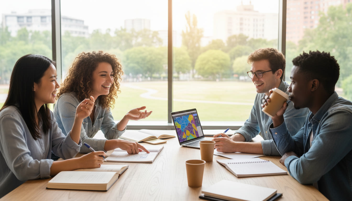Photo Idea : a small group of diverse IB students discussing a community project around a table with notebooks and a laptop