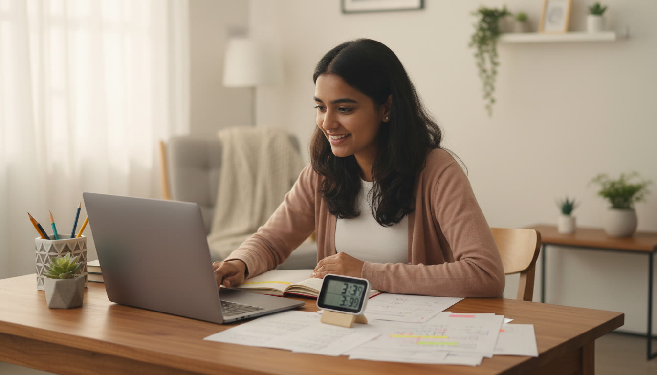 Photo Idea : Student taking a timed full-length mock on a laptop at a tidy desk with a stopwatch and scattered notes