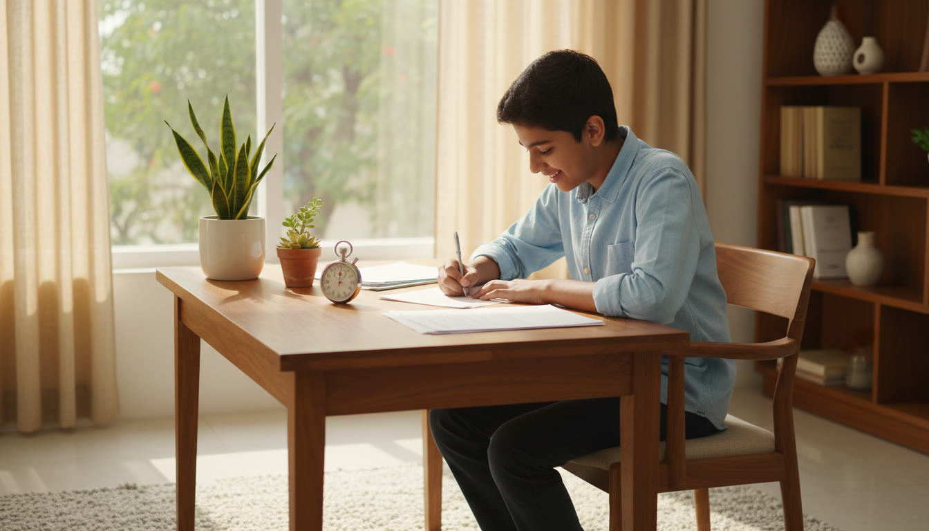 Photo Idea : A student practising a full-length mock test at a desk with a stopwatch and answer sheet