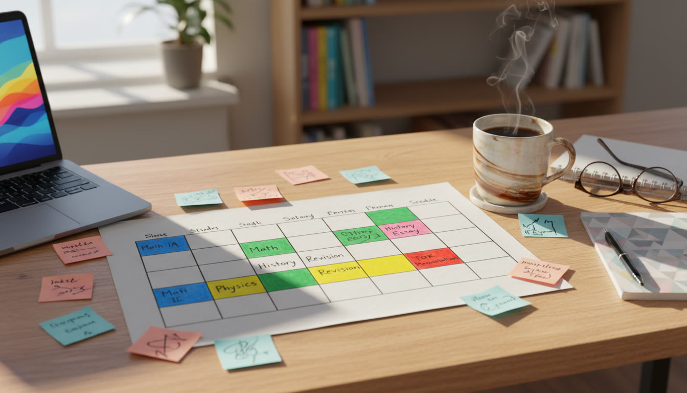 Photo Idea : A study plan laid out on a desk with color-coded blocks, sticky notes and a cup of coffee