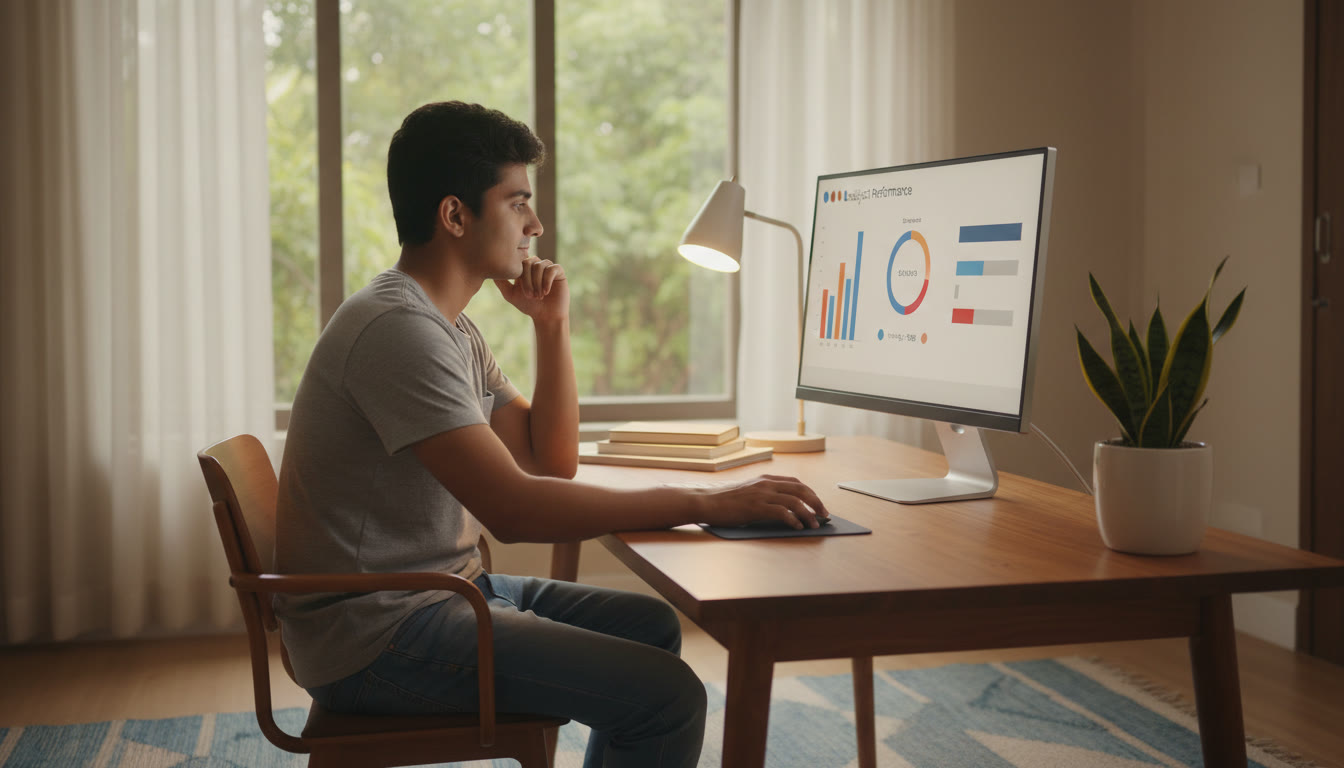 Photo Idea : a calm student at an exam desk reviewing answers on a computer screen with a visible timer