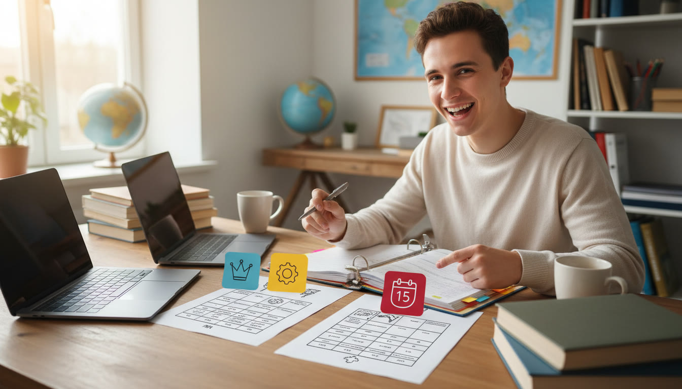 Photo Idea : A student comparing application checklists for multiple countries, with sticky notes marked UCAS, EPFL, and January 15