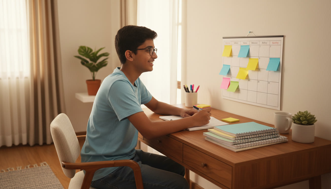 Photo Idea : A student at a study desk with neatly organized notebooks, a calendar, and colored sticky notes marking a weekly plan