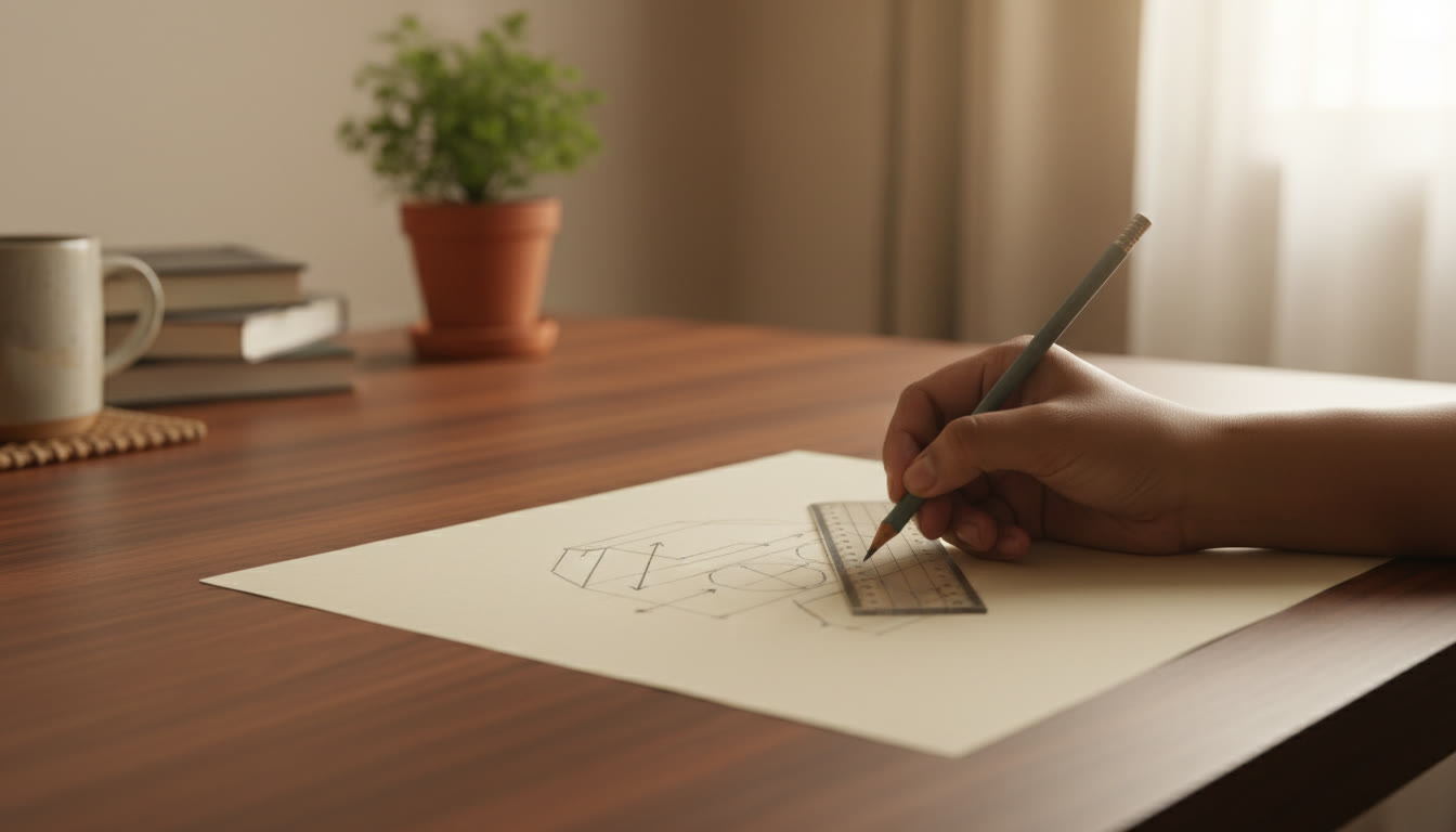 Photo Idea : Close-up of a labeled scientific diagram being drawn with a pencil and ruler